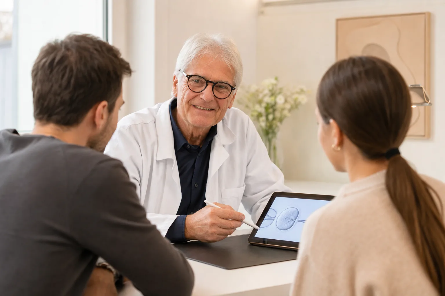 Prof. MR Dr. Friedrich Gill erklärt einem Paar den Unterschied zwischen IVF und ICSI