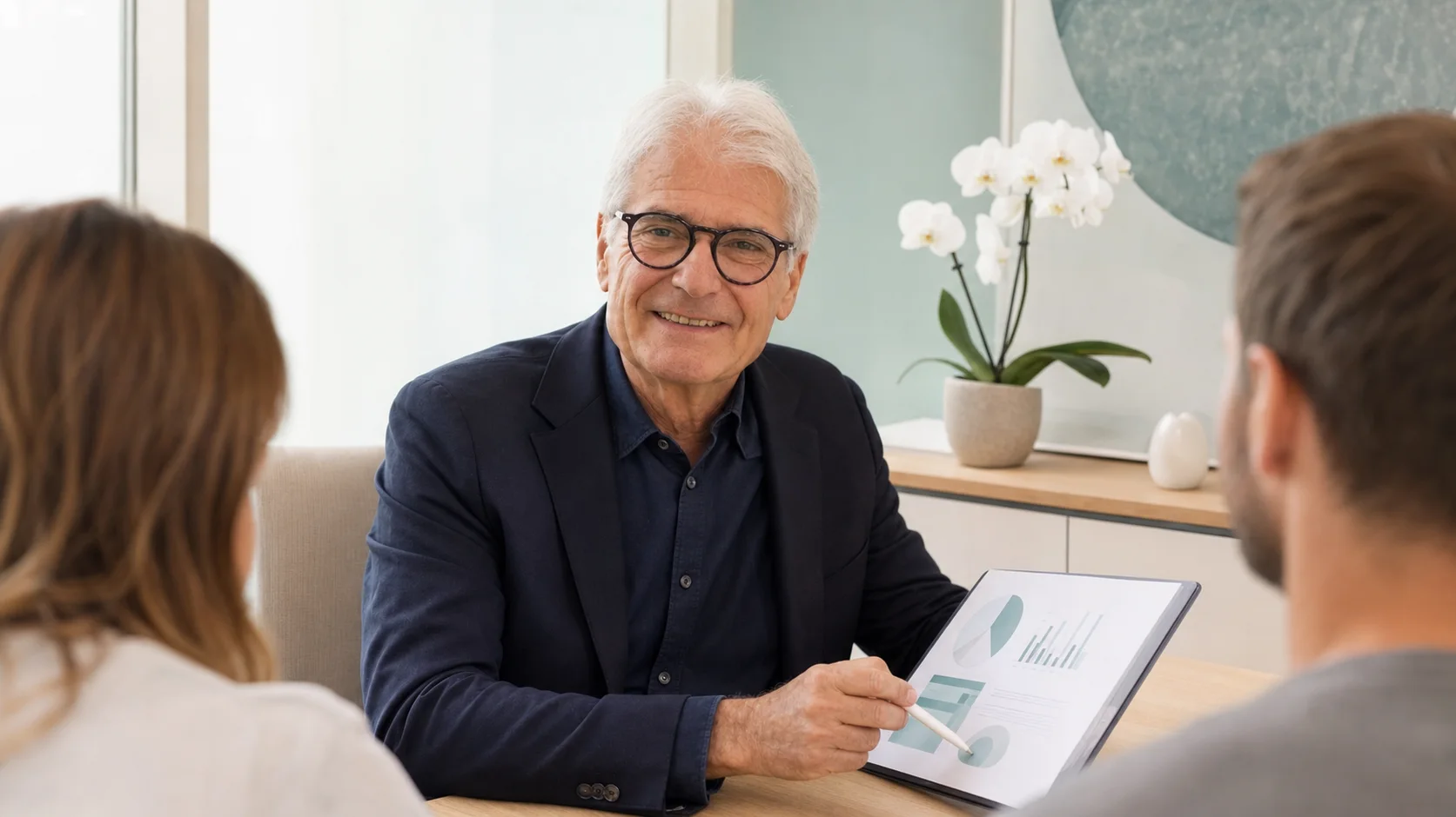 Prof. MR Dr. Friedrich Gill erklärt einem Paar unauffällige Kinderwunschbefunde