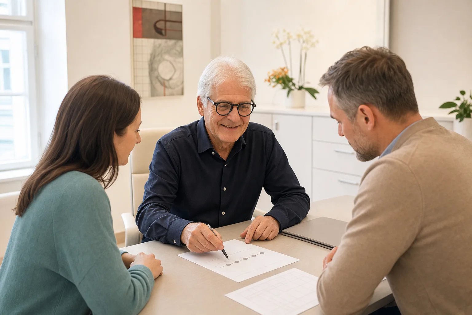 Prof. MR Dr. Friedrich Gill bespricht in Wien nach wiederholten Fehlgeburten Befunde und nächste Schritte mit einem Paar